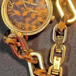 MICHAEL KORS DELANEY GOLD+ACRYLIC TORTOISE SHELL CHAIN LINK+CRYSTAL WATCH MK4281